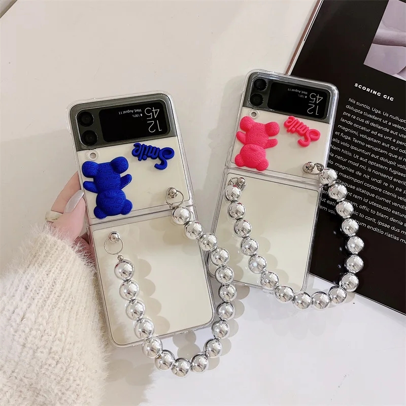 

Smile Bear Silver Beads Transparent Phone Case for Samsung Galaxy Z Flip 3 PC Back Cover for ZFlip3 Protective Hard Case Shell