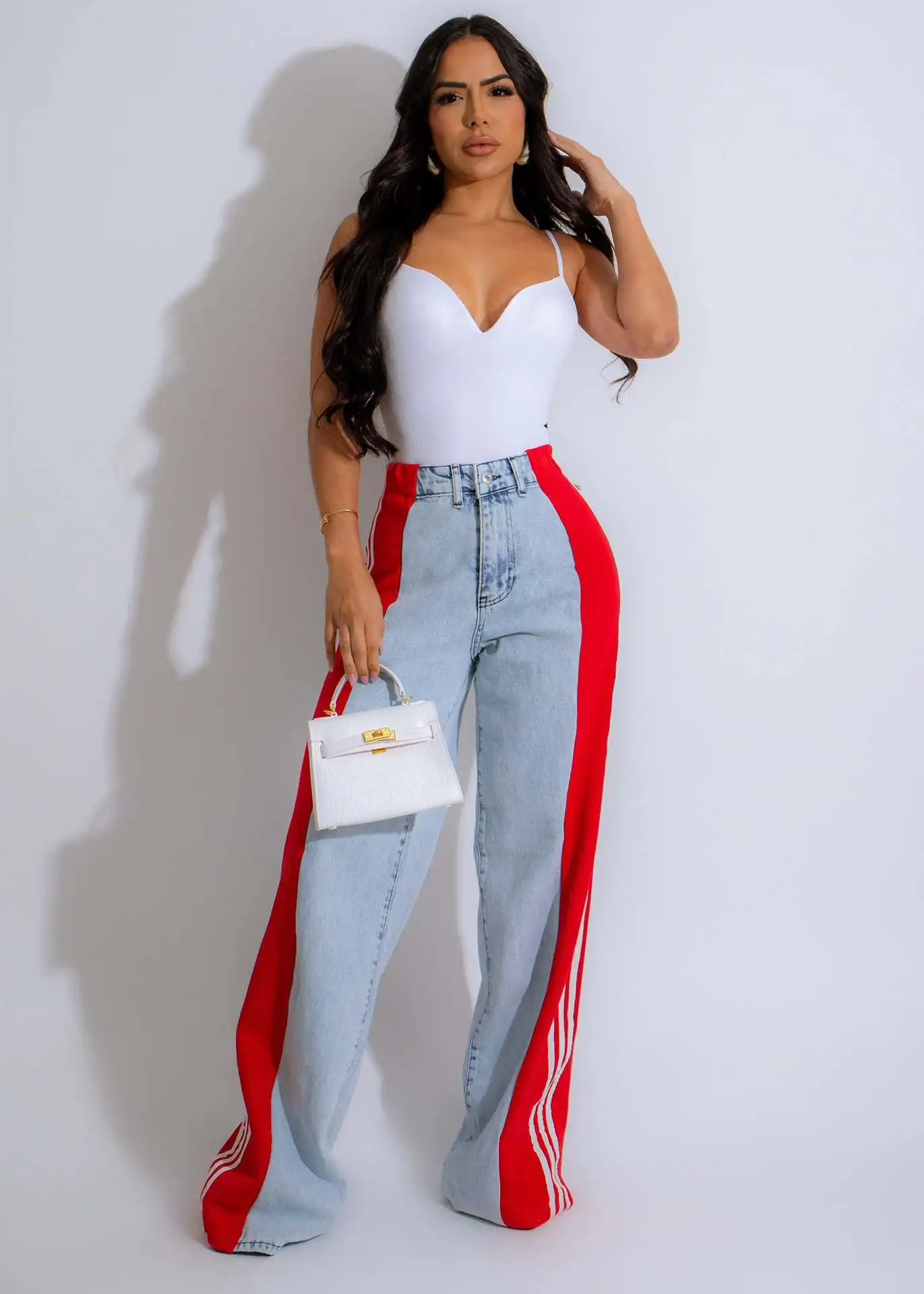 Damskie spodnie jeansowe Summer Fashion Side Patchwork Striped Wide Leg Jeans Lady Casual High Waist Elastic Denim Straight Pants