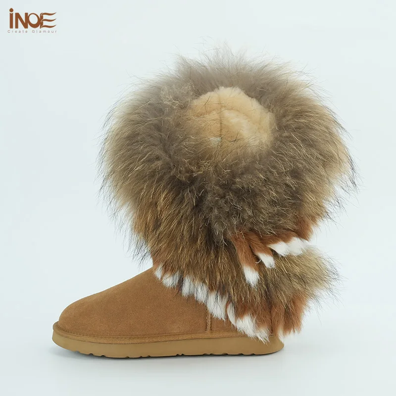 INOE Модные женские зимние сапоги до колена из коровьей замши с натуральным лисьим