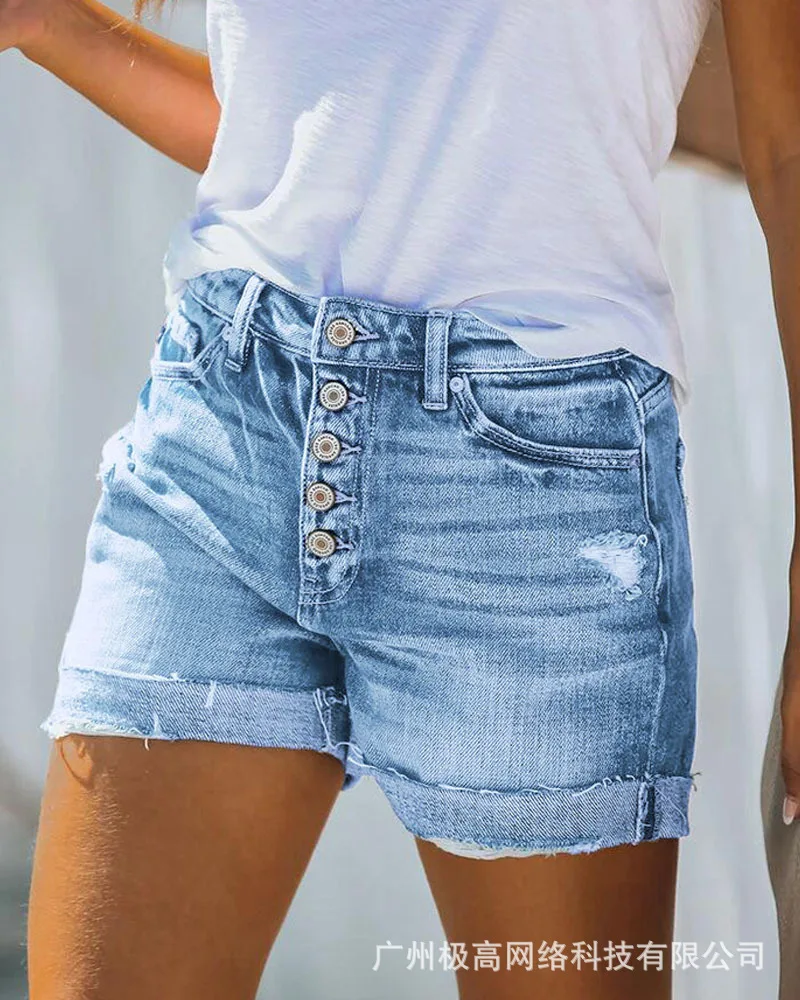 

Women High Waist Jeans Pants Shorts Pockets Button Fly Ripped Roll Hem Denim Shorts Sexy Summer Spring Fashion Casual