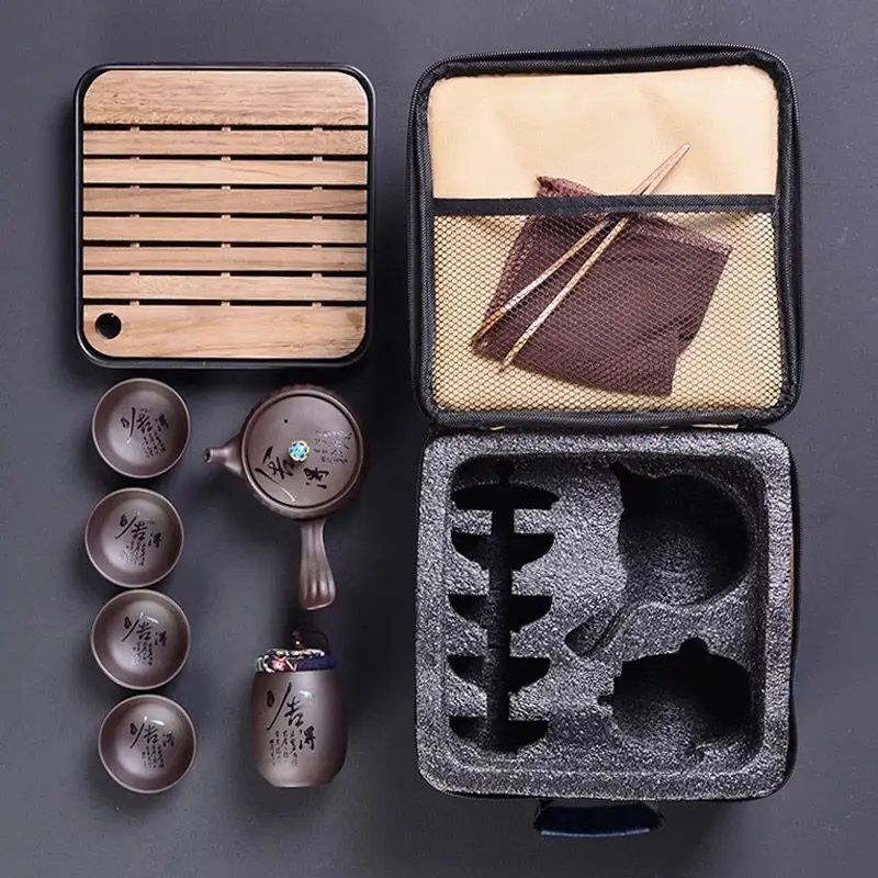 

Kungfu Tea Accessories Set Travel Carrying Case Teapot Tea Cup Cover Bowl Outdoor Household Ceramic Carving Gift Box YYY38YH