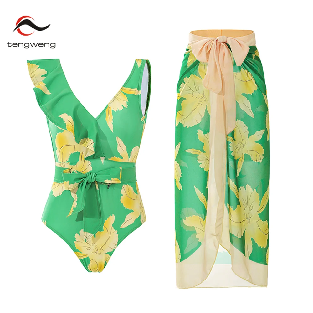 

TENGWENG One Piece Swimsuit Women Bathing Suit Ruffle Monokini Bandage Swimwear Sexy One-Piece Suits Leaf Print Beachwear 2023
