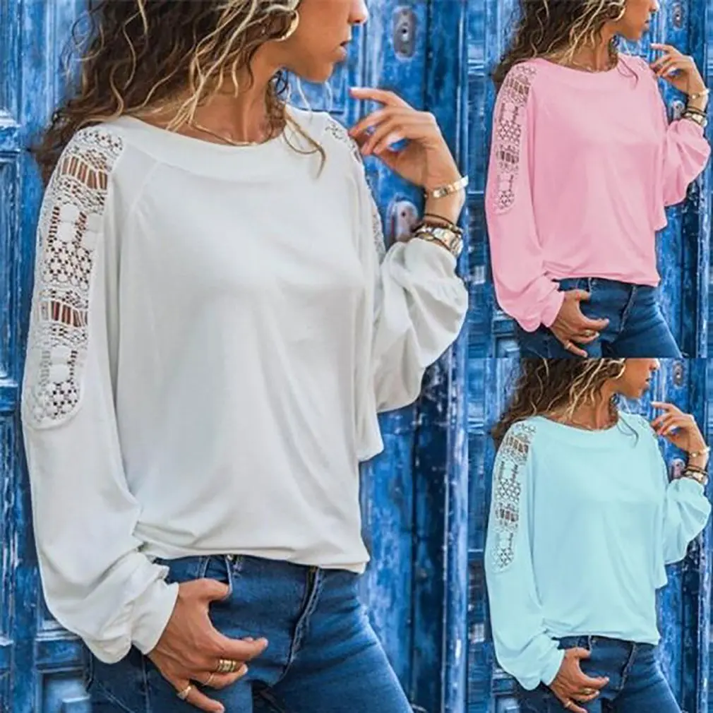 

Women Autumn Solid Color Slim Lace Hollow Long Sleeve T-shirt Lady Casual Plus Size Pullover Loose Fashion Tops