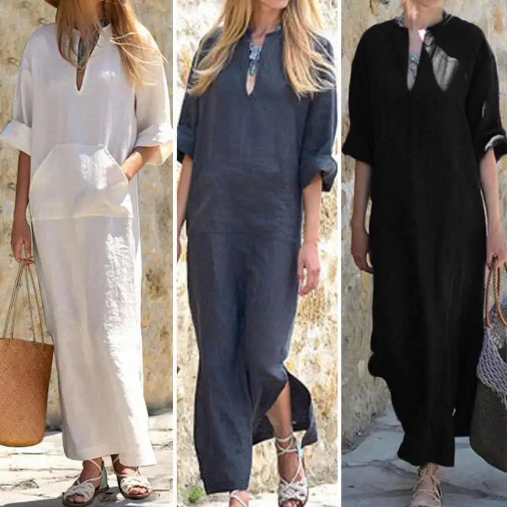 

Женское однотонное платье с длинным рукавом, свободное летнее платье с V-образным вырезом и большим накладным карманом, платье H-образной формы до щиколотки с разрезом на подоле