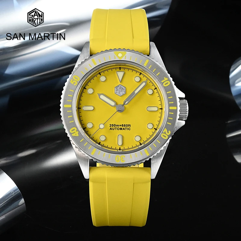 

San Martin Mens Dive Watch 38mm yellow Dial Ceramic Bezel Sapphire Miyota 8215 Automatic Movement Mechanical Watches 20 Bar Lume