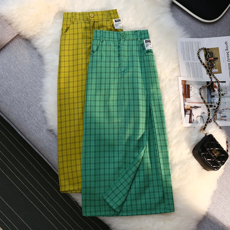 

Summer 2022 New Design Sense High Waist Slit One Step Sheath A- line Mid-Length Green Plaid Skirt for Women
