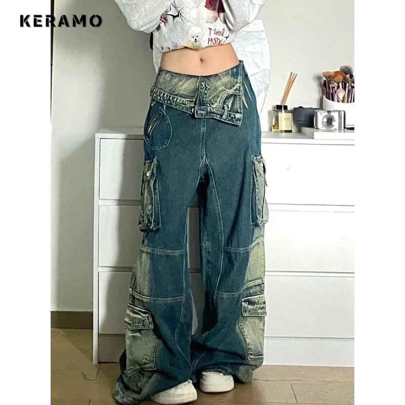 Женские джинсы оверсайз с карманами повседневные мешковатые брюки контрастных