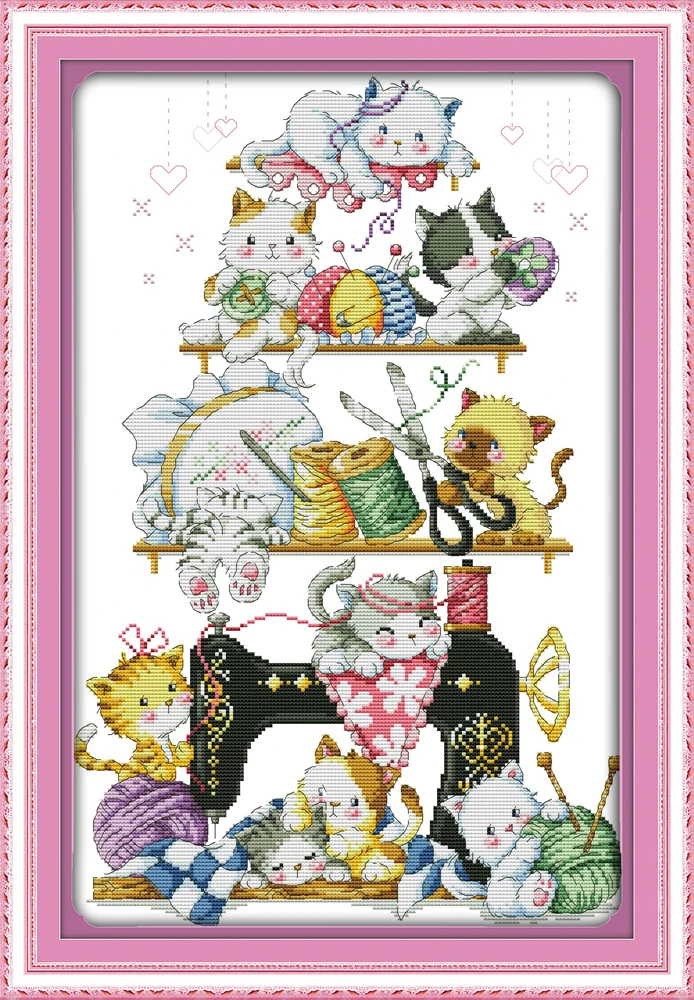 

Joy Sunday Pre-printed Cross Stitch Kit Easy Pattern Aida Stamped Fabric Embroidery Set-The Kitten Beside The Sewing Machine