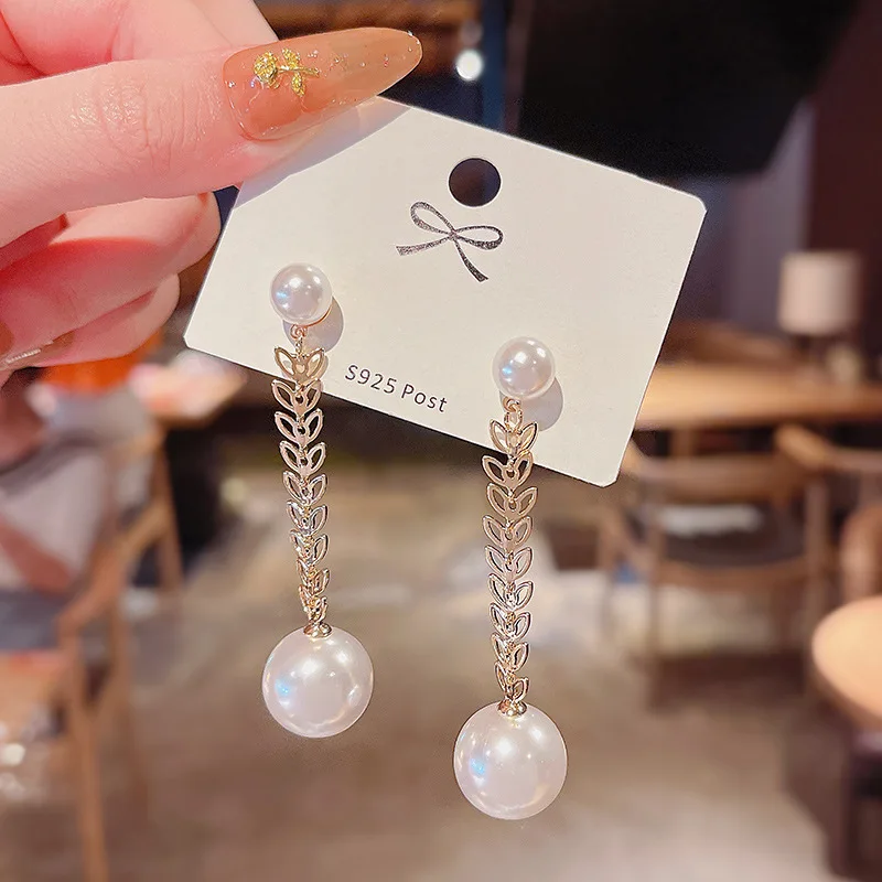 

Sterling Silvers Needle Long Fringed Pearl Earrings for Women Costume Stud