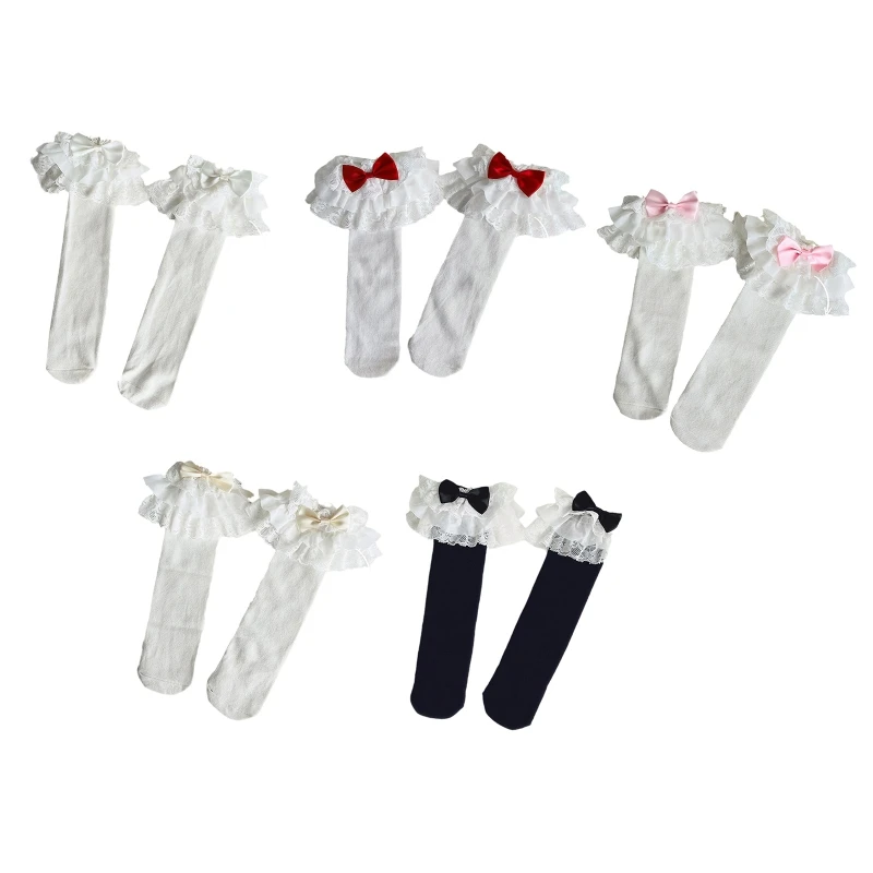

Kids Baby Girls Gothic Knee High Socks Vintage Multi Layered Ruffled Lace Sweet Candy Color Satin Bowknot Princess Cotton
