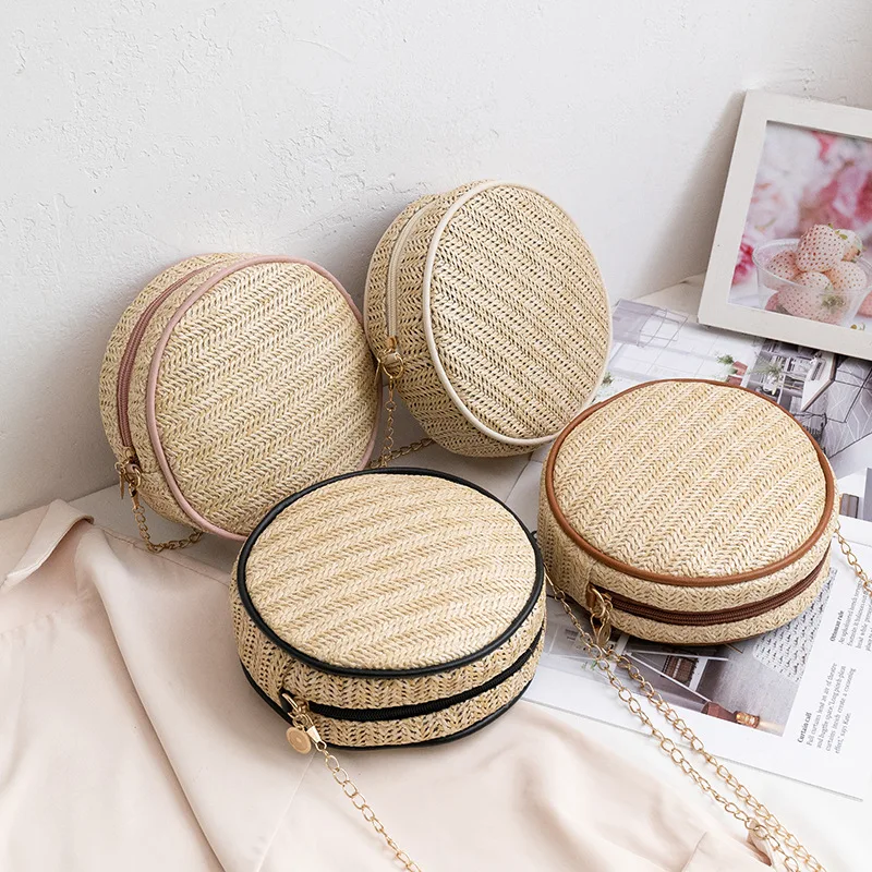 

Summer Handmade Round Woven Straw Bag for Women Small Circle Rattan Messenger Bag Bohemian Beach Shoulder Bag Casual Female
