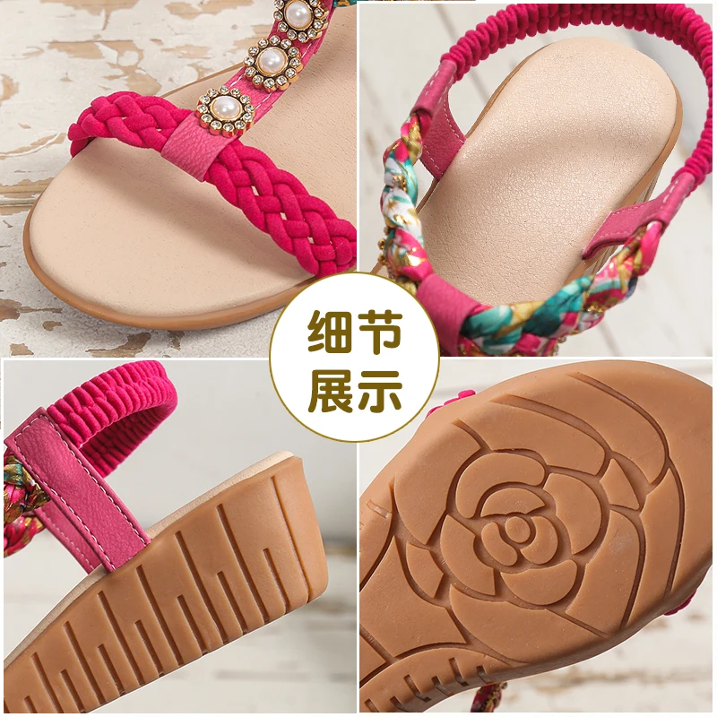 Women's Shoes 2023 Summer Regional Style Printed Women's Shoes Elastic Strap Lightweight Roman Women Sandals Rhinestone Slippers