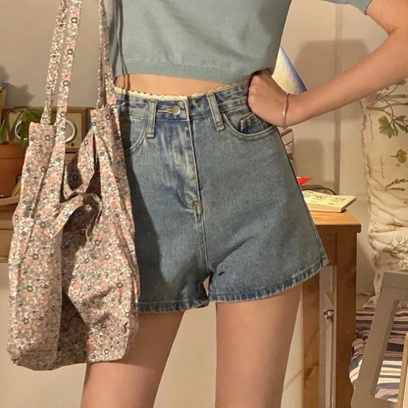 Summer Teens Denim Shorts Wide-leg Popular Shorts Women Vintage Lace Patchwork Design Lovely Ulzzang Basic Streetwear Hot Female