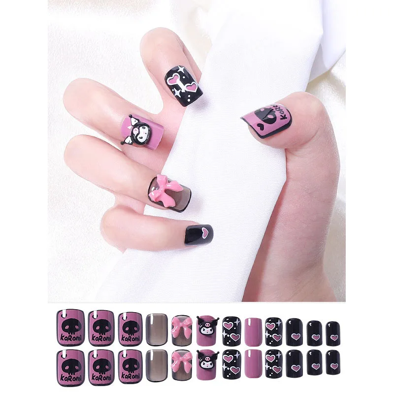 

24Pcs/set New Sanrio Cartoon Kuromi Kawaii Wear Manicure Piece Handmade Hot Girl Butterfly Nail Patch Blush Fake Nail Gift