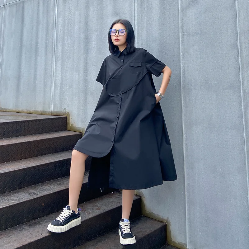 

Japan Style Vintage Irregular Black Shirt Dress 2022 Summer Women Streetwear Gothic Hip Hop Loose Short Sleeve Long Dresses 9052