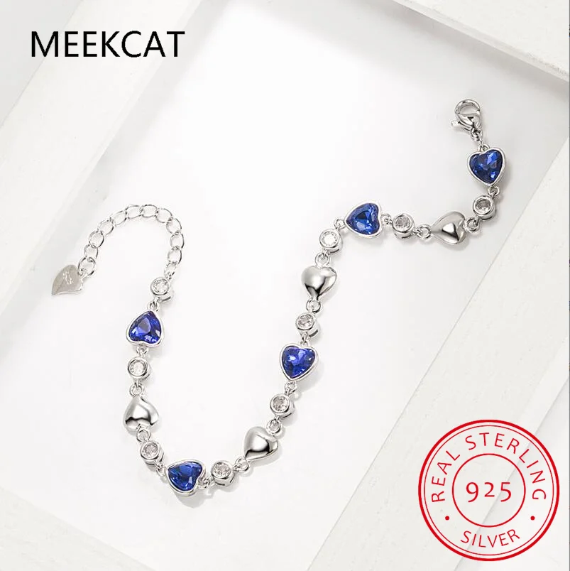 Серебряные сердечные браслеты MEEKCAT с сапфиром и танзанитом