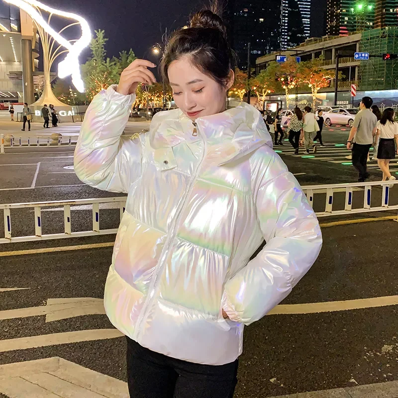 New2022 Coats Women's Shinny Hooded Long Sleeve Zipper Pockets Ladies Casual Thick Winter Jacket Cold Coat for Female 2021