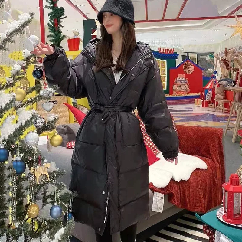 Sweet Korean Simple Belt Long Knee-length Straight Down Jacket Women Streetwear Women 2021 New Casual Waist Hooded Bread Jacket