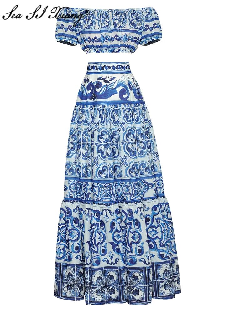 

Seasixiang Fashion Designer Summer Suit Women Slash Neck Short Tops + Long Skirt Blue and White Porcelain Print Two Piece Set