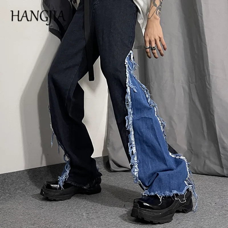 Retro Washed Destroyed Wide Leg Jeans Hip Hop Raw Edge Stitching Flared Jeans Pant Men Streetwear Black Blue Denim Trousers