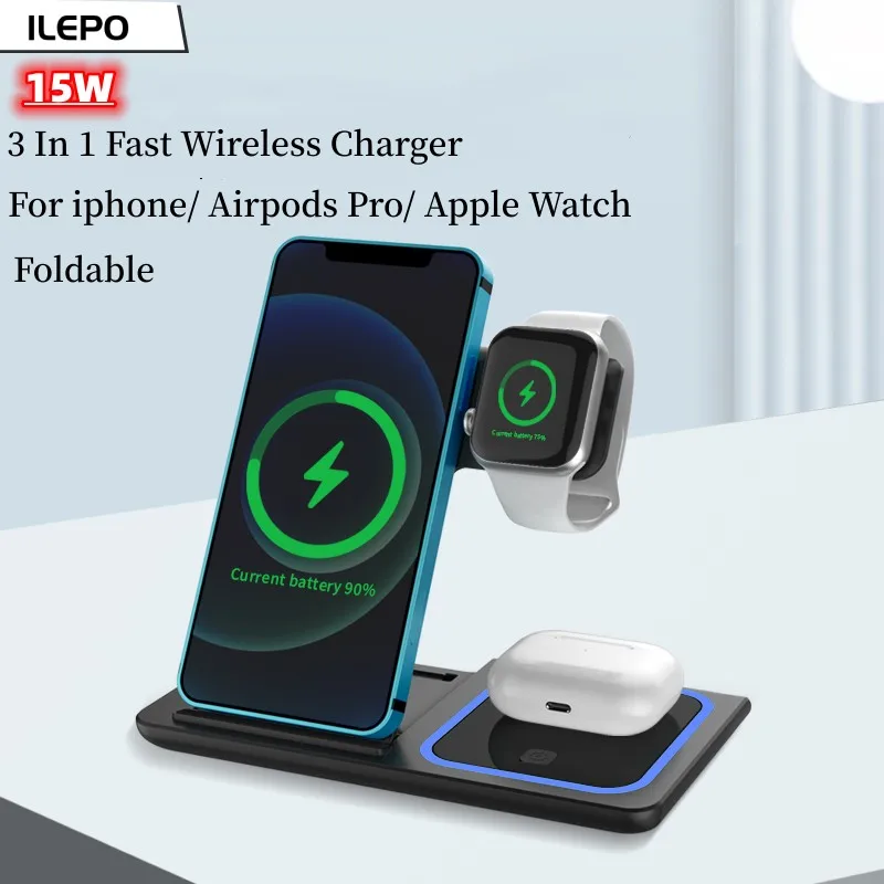 

ILEPO 15W 3 in 1 Wireless Charger Stand For iPhone 13 12 11 pro max Fast Foldable Charging Station Dock For Apple Watch AirPods