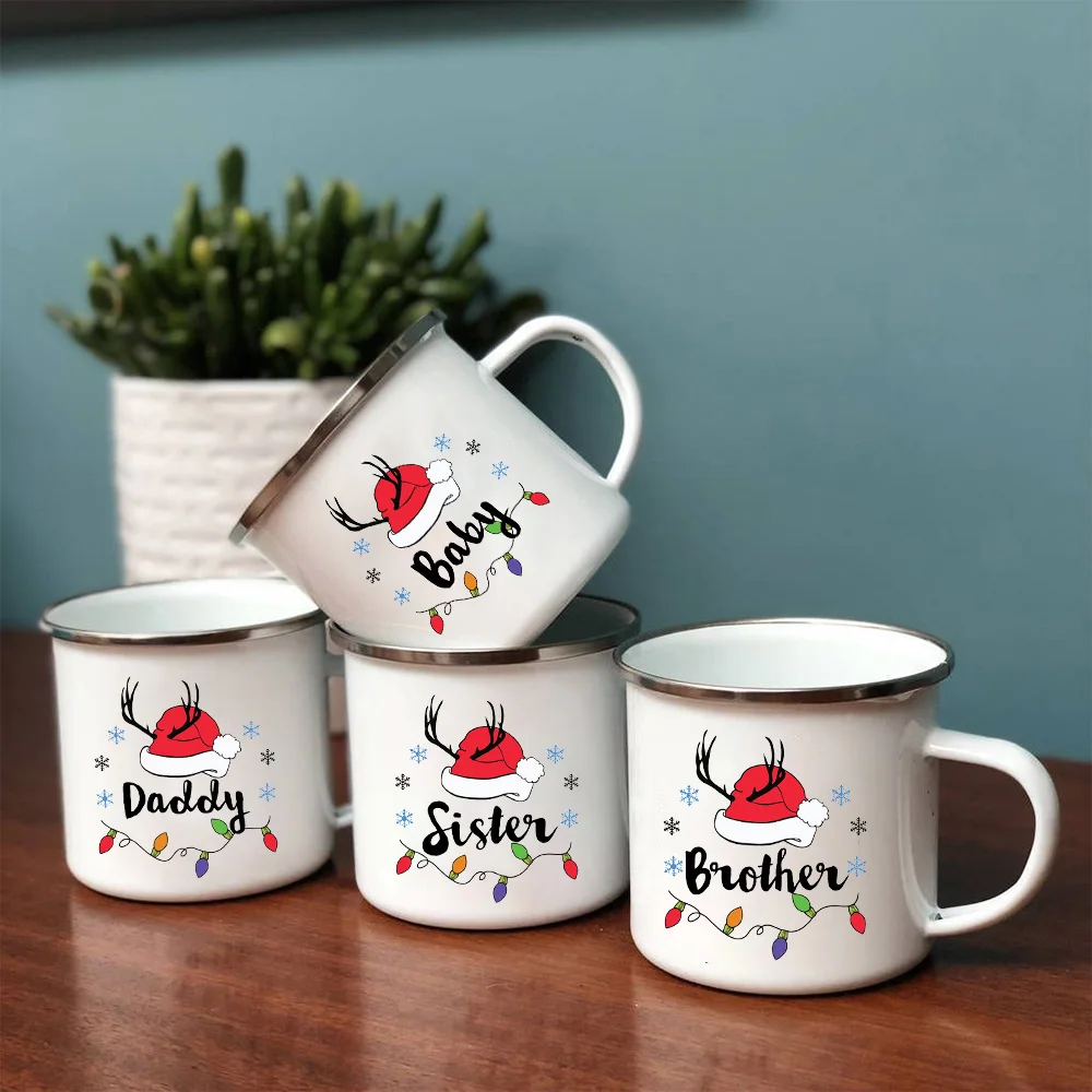 

Breakfast Dessert Milk Water Cups Mug Hubby Wife Valentine Gifts Christmas Deer Family Matching Enamel Coffee Mugs with Handle