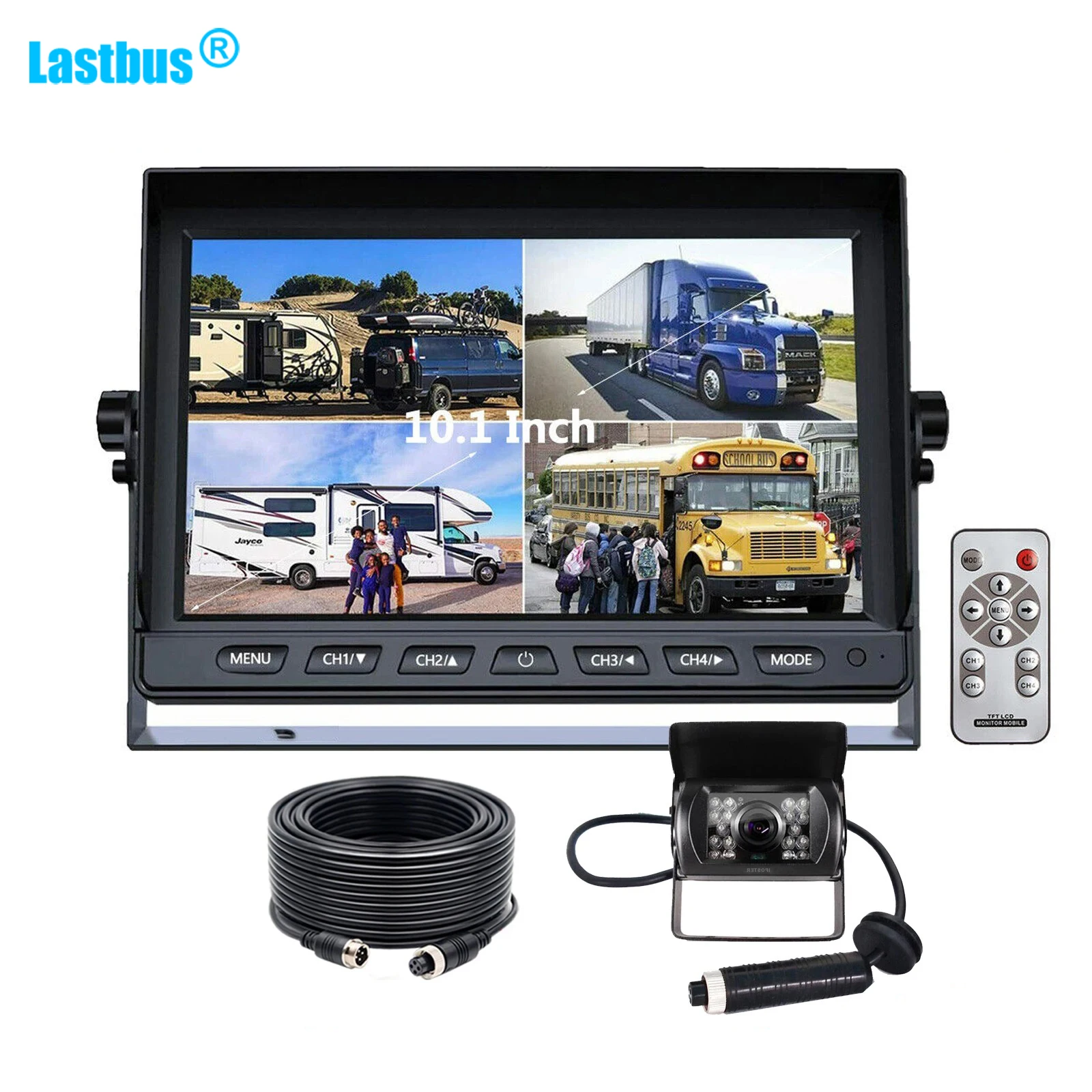 

Lastbus 10,1-дюймовый монитор с разделенным четырьмя экранами, 12-24 В, 4-контактные камеры заднего вида, 18 ИК-светодиодов, комплект для грузовика, автобуса, прицепа, каравана