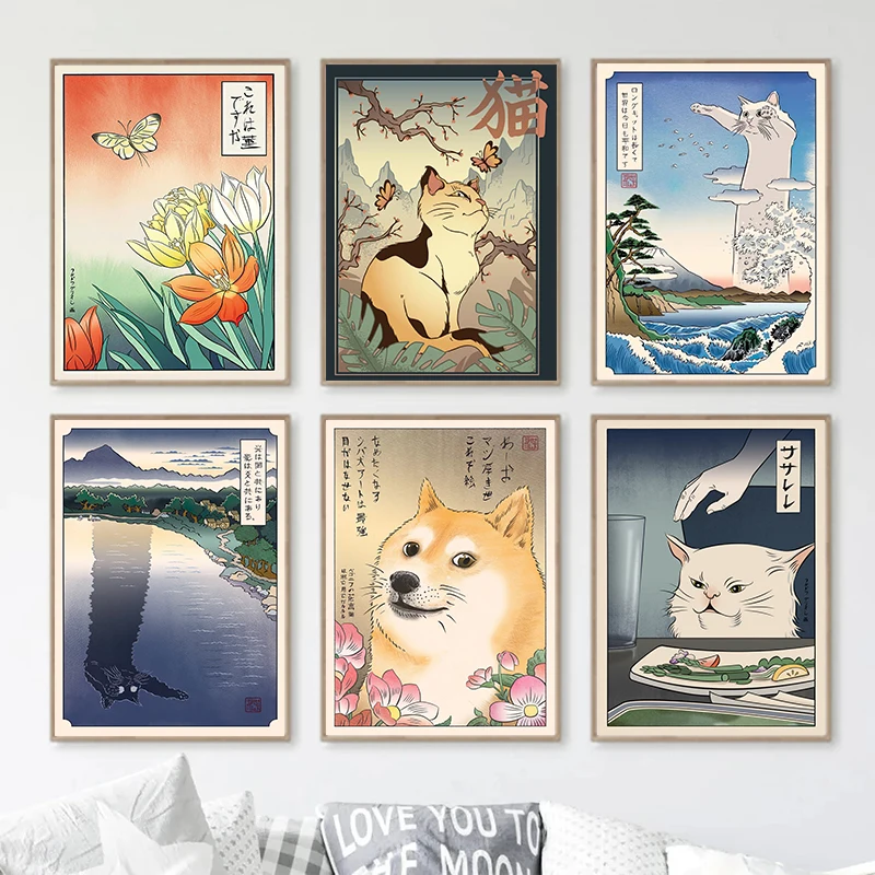 

Постер на холсте в стиле ретро с японским Самураем, кошкой, собакой, Настенная картина в скандинавском стиле для современной гостиной, украш...