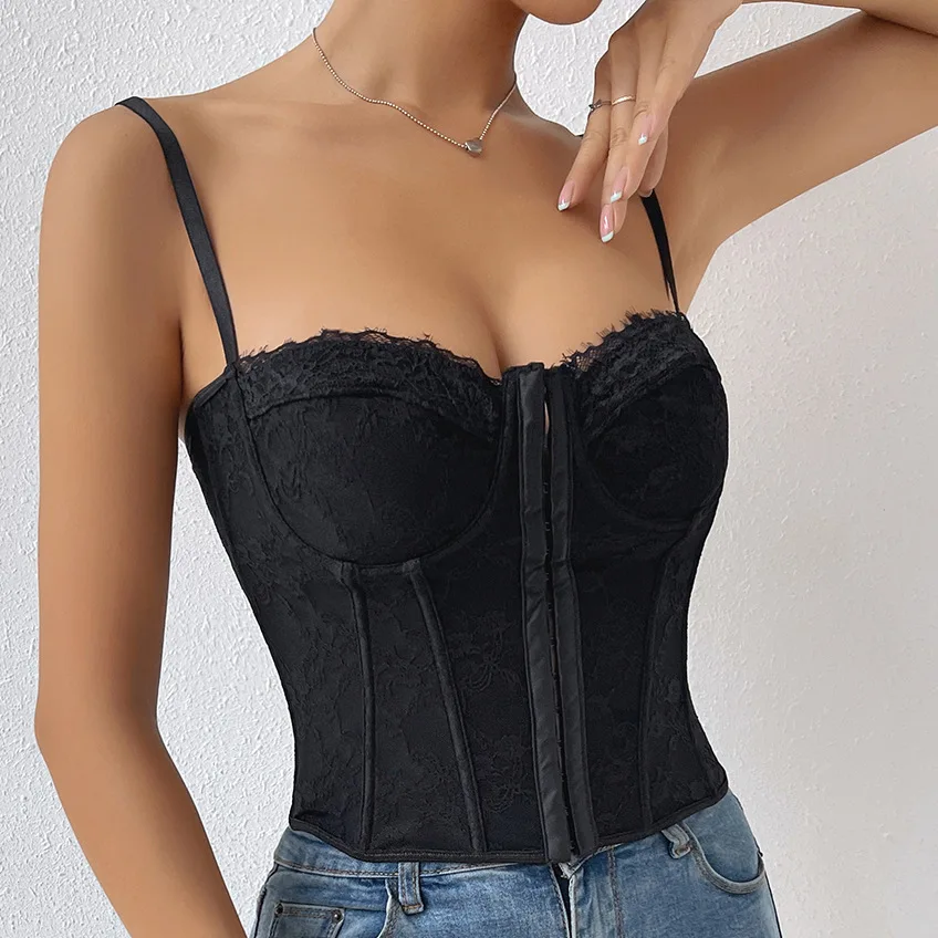 

Sexy Embroidery Lace Bustier Women Camis Tops Women Corset Bralette Cami Front Buttons Elegant French Sexy Sleeveless Corset