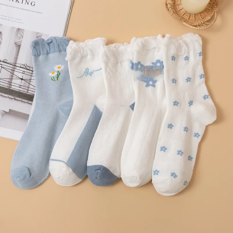 

Japanese Women's Socks Spring and Summer New Cute Little Flower Blue Socks Lace Socks
