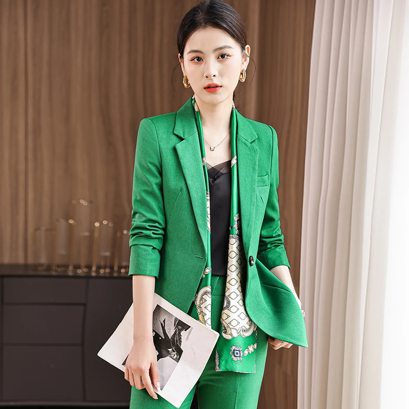 Elegant Office Green Blazer Women Professional Pants Suit Two Piece Set Solid Autumn  Winter Formal Suit