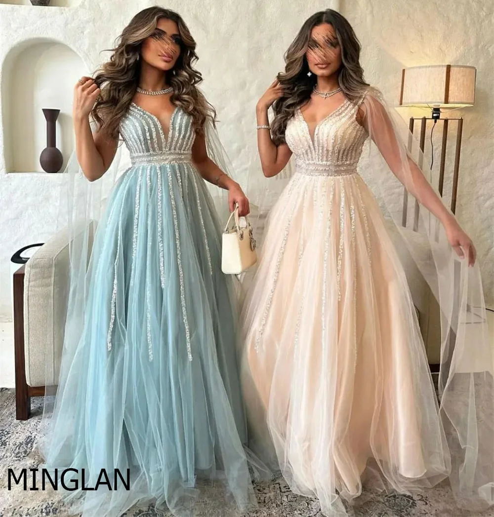 

MINGLAN Elegant V Neck Sleeveless Sequined Preat Evening Dress Floor Length Sweep Train A Line Prom Gown For Woman New 2023