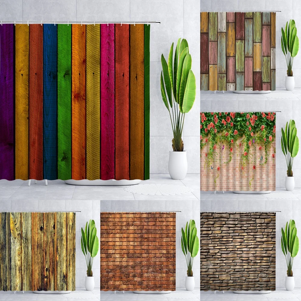 

Vintage Rainbow Wood Board Shower Curtain Bathroom Decor Wall Brick Rose Flowers Butterfly Bath Curtains Home Fabric Tub Screen