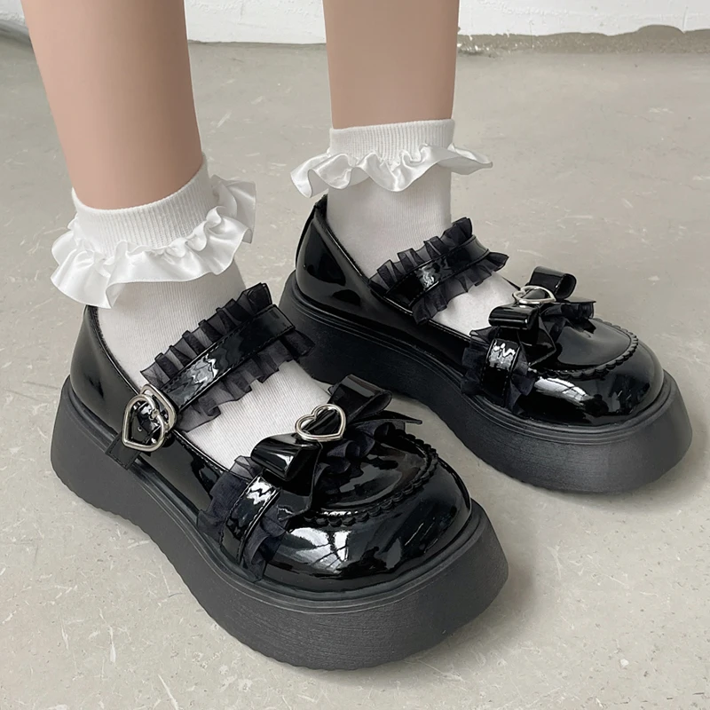 

Chunky Platform Mary Jane Shoes for Women Patent Leather Lace Ankle Strap Pumps Woman 2023 Autumn White Lolita Shoes