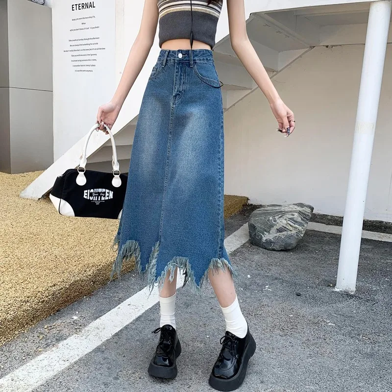 

Винтажные джинсовые юбки GUUZYUVIZ с высокой талией и разрезом, корейская мода, повседневные однотонные юбки средней длины с кисточками