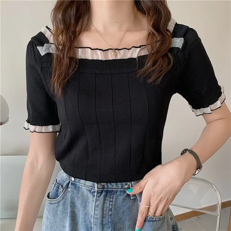 

New Design Sense Short Knitted Tops 2021 Female Chic Short-sleeve Lace Square Collar T-shirts Women Thin Summer Tees Solid Color