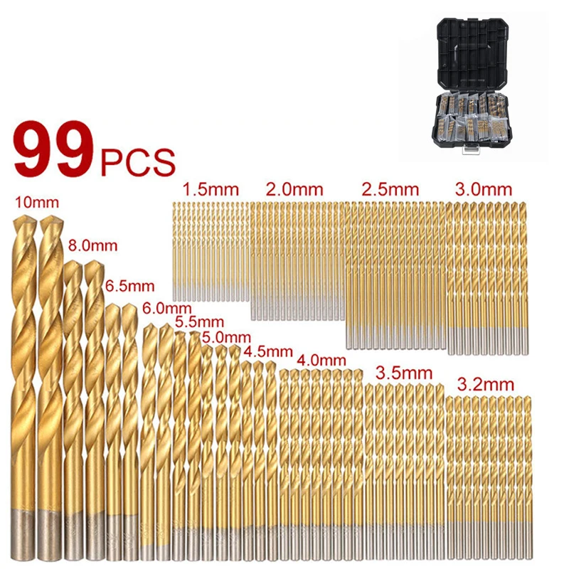 99PCS Twist Drill Bit 1.5-10 Titanium Plated Combination Bit High Speed Steel Bit Combination With Plastic Box