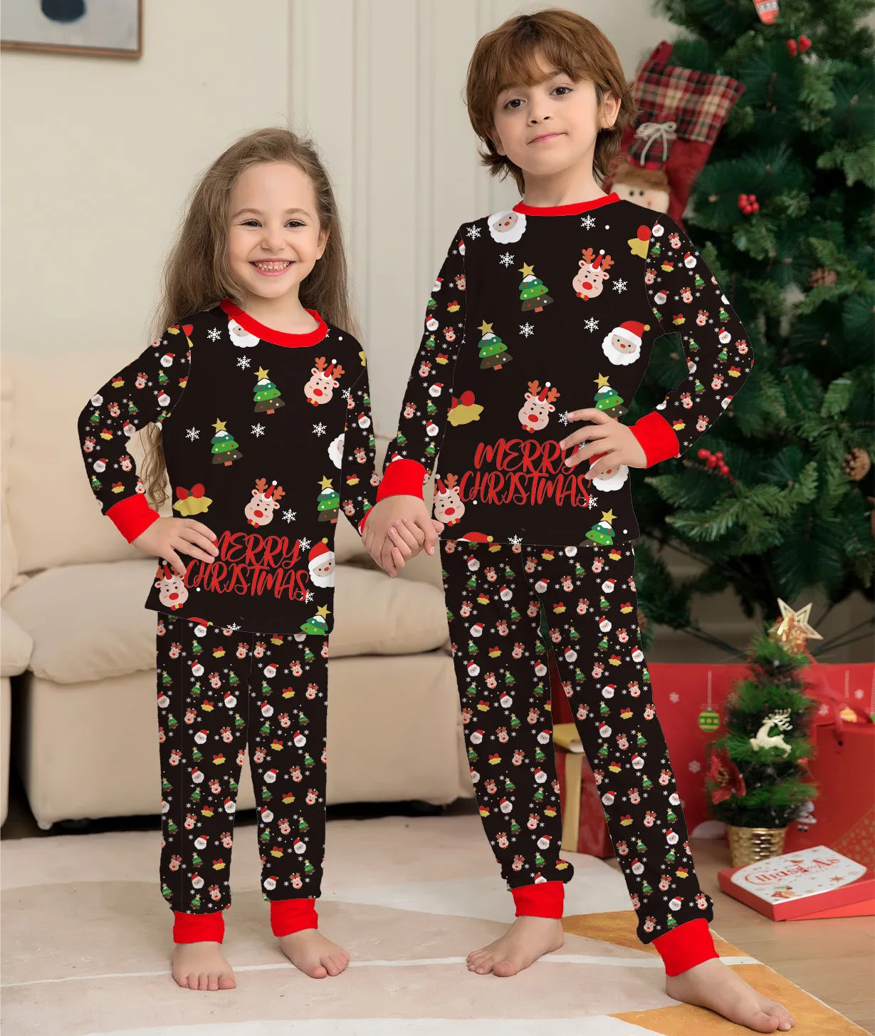 European and American Amazon Foreign trade new Christmas parent-child suit Santa full floral print long-sleeved home pajamas