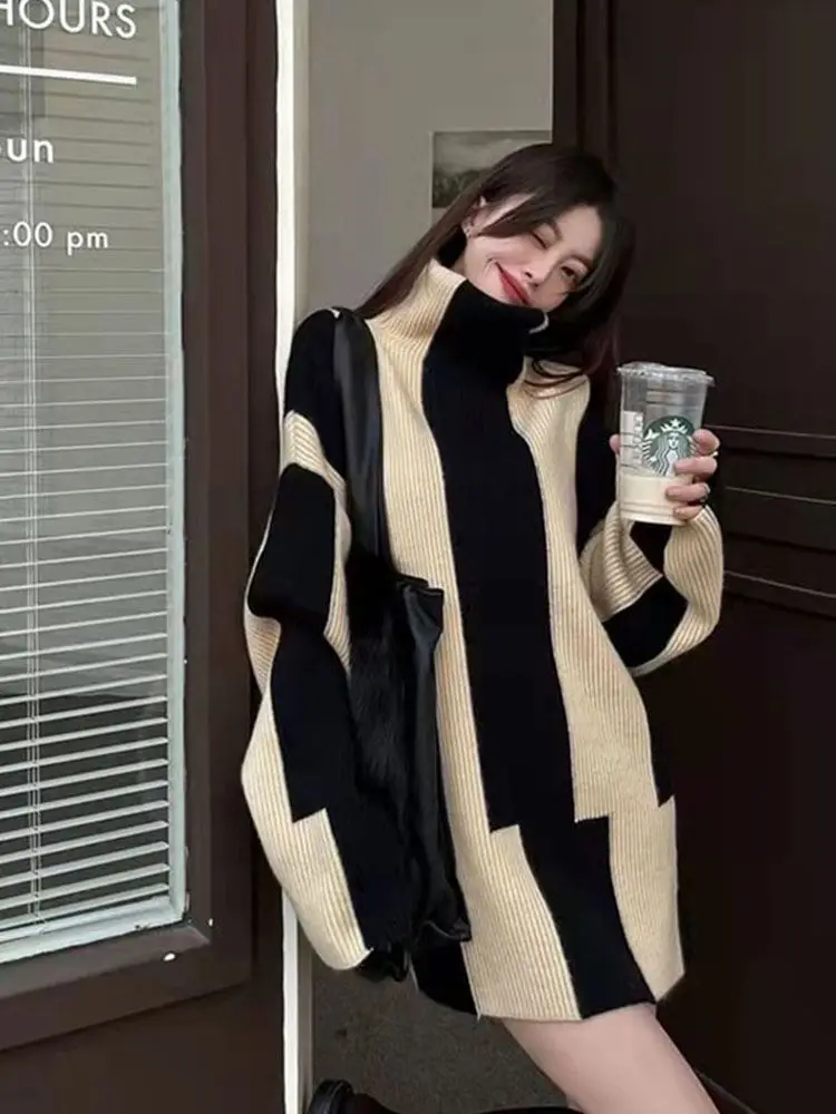 Korejepo водолазка в полоску вязаный свитер женский осень-зима 2024 новый свободный