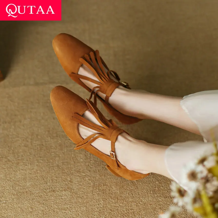 

QUTAA 2023 Women Pumps Retro Casual T-Strap Genuine Leather Platforms Chunk Med Heels Shoes Woman Spring Summer Size 34-39