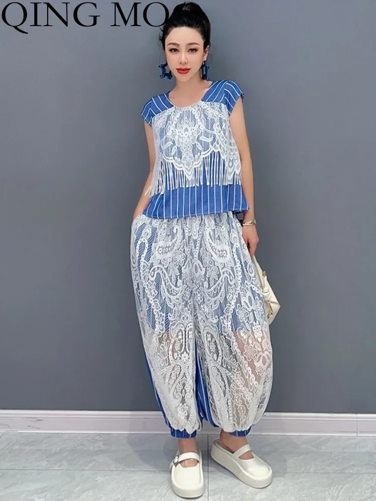 

QING MO 2023 Summer New Colorblock Tank Top + Casual Harem Pants Two Piece Set Women Lace Style Fashion Matching Set ZXF3250