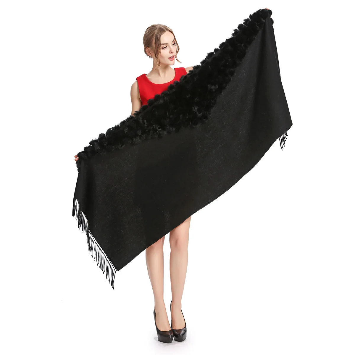 Женский теплый шарф из пашмины осенне-зимняя шерстяная шаль с помпоном