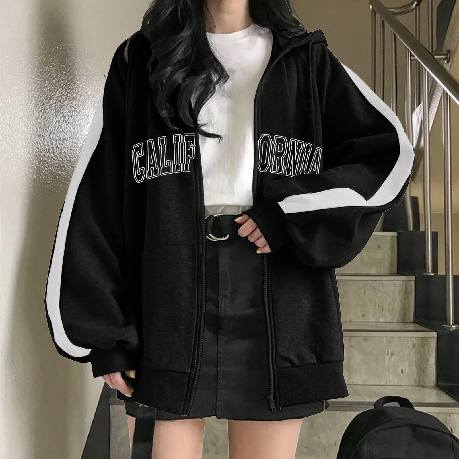 

Letter Graphic Zip Hoodies For Women Color Block Long-Sleeve Coat Trendy Print Sweatshirt Chic Top Kpop Streetwear Loose Jacket