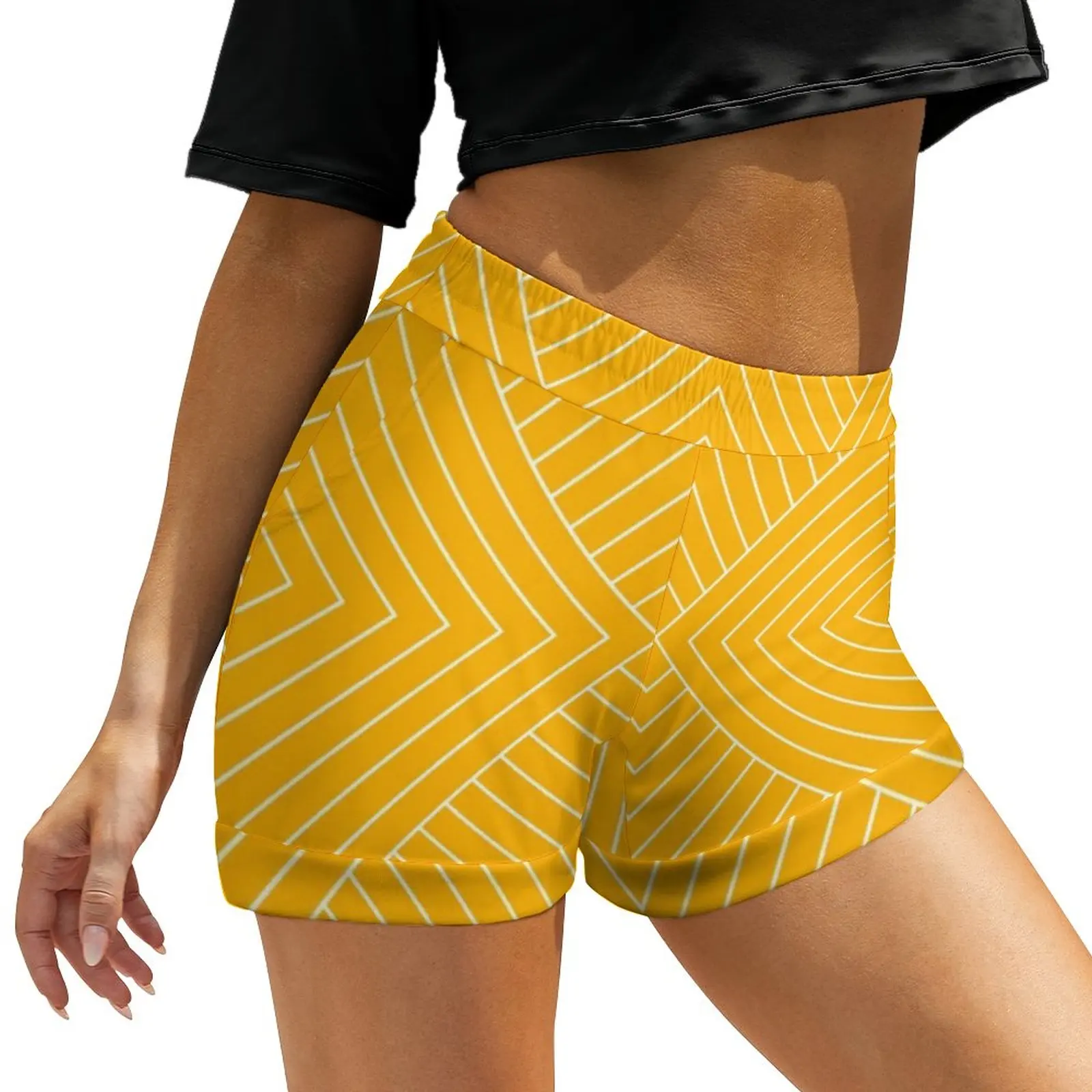 

Nordic Pattern Shorts Art Deco Yellow Oversized Street Style Shorts Night Club Short Pants Women Printed Bottoms