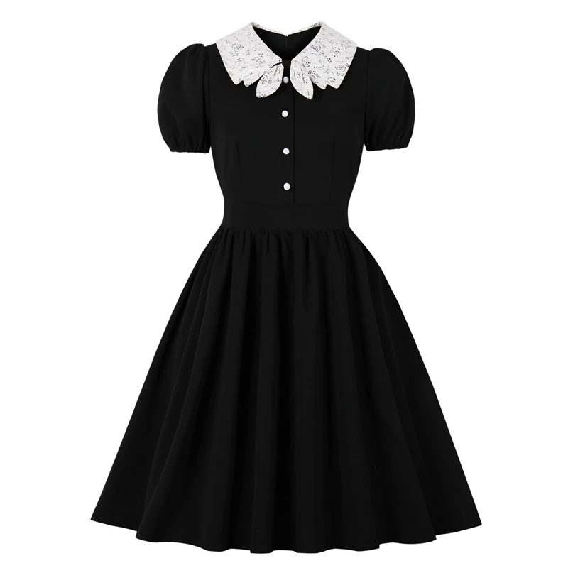 

Women Summer Black dresses Short sleeve White Lace Patchwork button Audrey Hepburn Style Vintage retro 50s 60s skater dress