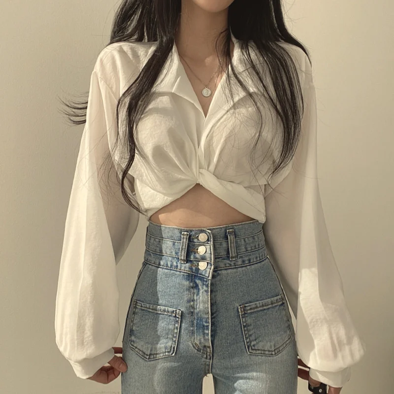 

2023 Vintage Streetwear Harajuku Sexy Women Blouse Crop Top Korean Style Trends Black White Long Sleeve Shirt Female Tunic Chic