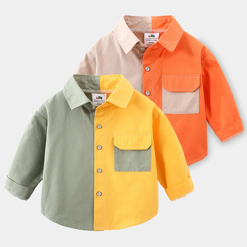 

2021 Spring Autumn New Design 2 3 4 6 8 10 Years Children Long Sleeve Pocket Color Patchwork Cotton Shirts for Baby Kids Boys