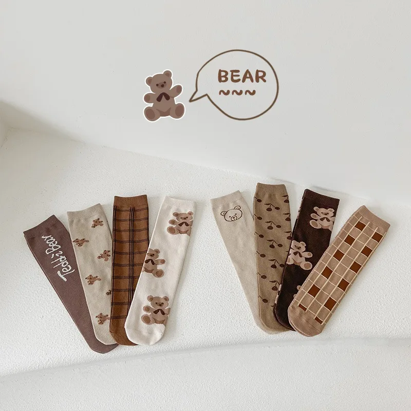 

2022 Autumn New Kid Letter Print Cotton Straight Socks Girl Infant Cute Cartoon Bear Fashion Socks Boy Baby Plaid Mid Tube Socks