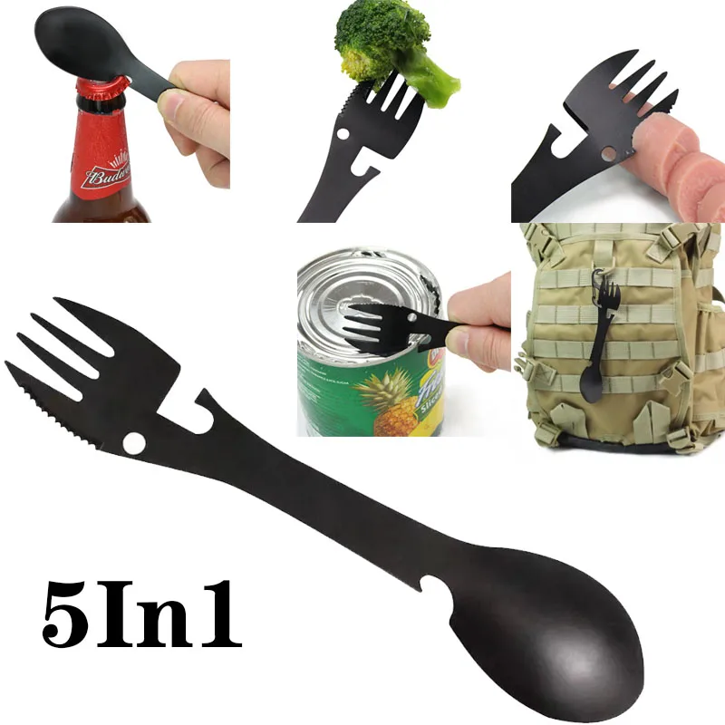

5 in1Multifunctional Stainless Steel Spork Fork Spoon Cutlery Corkscrew Harpoon Survival For Outdoor Camping Picnic