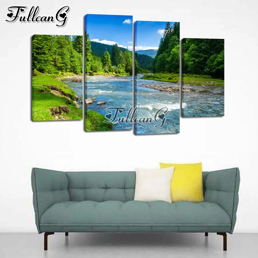 

FULLCANG nature scenery river 4 piece diy diamond painting 5d full mosaic embroidery rhinestone sea sunset home decor FG1024